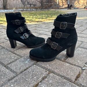 Blondo Black Suede Heeled Boots with Triple Buckle Straps